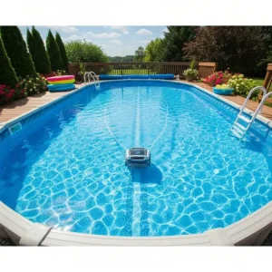 A general shot of a well-maintained above-ground pool with a pool cleaner at work, showcasing the desired outcome of using the best pool cleaner.