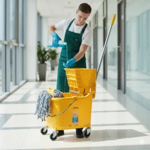 A person adding a measured amount of cleaning solution into a mop bucket with a wringer, preparing to clean a floor.