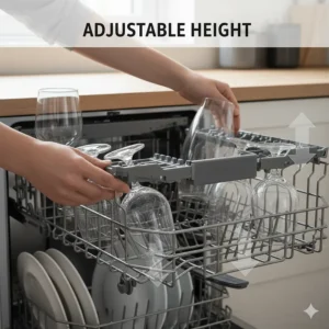Diagram illustrating the different height settings for an adjustable dishwasher rack.
