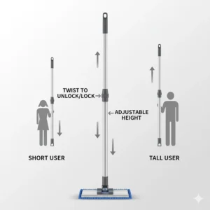 A diagram illustrating how to adjust the height of a telescoping mop handle for different user heights.