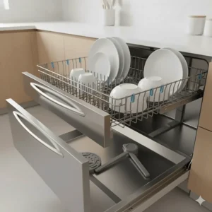 Interior view of a drawer in the double drawer dishwasher with adjustable, fold-down tines and flexible racking for various dish shapes.