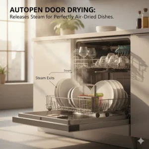A modern best drying dishwasher with the door automatically ajar for AutoOpen Door drying to release steam and air dry contents.
