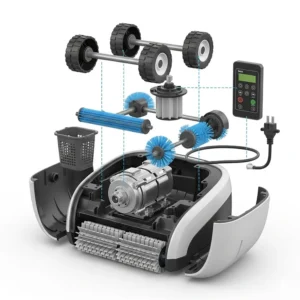 An exploded view diagram detailing the main components of an automatic pool cleaner, including the motor, wheels, and brushes.