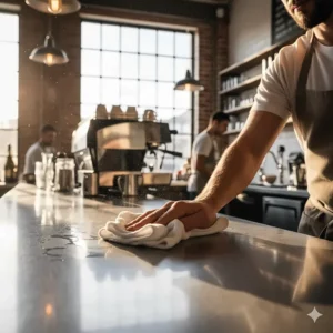 Restaurant staff using high-quality bar mops to quickly wipe down a stainless steel counter surface.