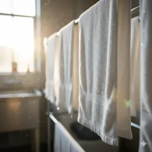 Clean, damp bar mops hanging on a rack, showing their quick-drying, resilient material.