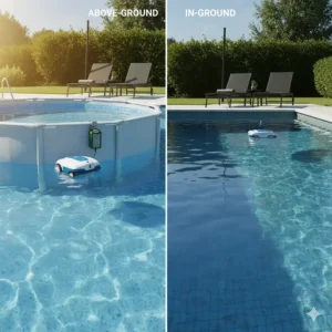 A visual demonstrating how a versatile battery-powered pool cleaner can be used effectively for both an above-ground and an in-ground swimming pool.