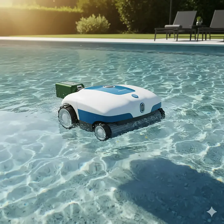 A cordless robotic pool cleaner with a long-lasting battery efficiently navigating the bottom of a sparkling blue swimming pool, picking up debris.