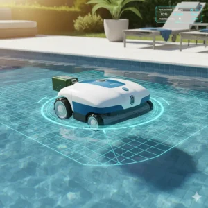 An illustration depicting the advanced smart navigation system of a robotic battery pool cleaner, mapping the pool's surface for a more efficient and complete cleaning cycle.