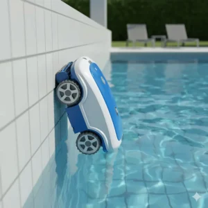 A graphic representation of a robotic battery pool cleaner with a unique design, shown climbing and scrubbing the vertical walls of a swimming pool.