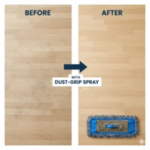 A "before and after" image showing a dusty floor next to a clean, polished floor, achieved with the use of a dust mop and dust mop spray.