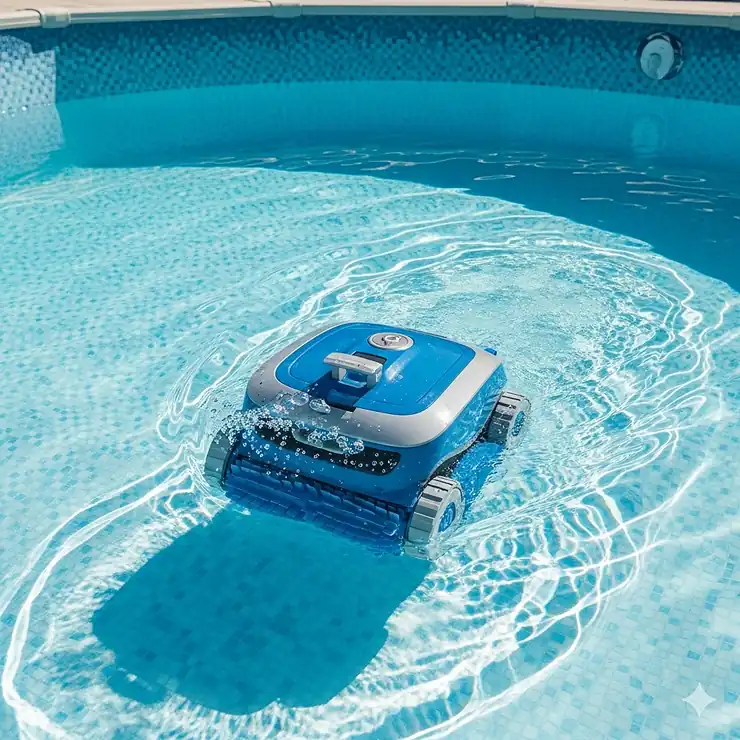 A robot pool cleaner navigating the floor of a clear, clean above-ground pool, highlighting its efficiency and ease of use. best pool cleaner for above ground pool