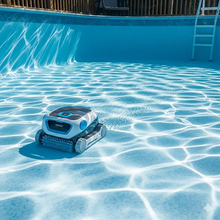 A top-rated robotic pool cleaner efficiently gliding along the bottom of a clean, sparkling above-ground swimming pool. best automatic pool cleaner above ground