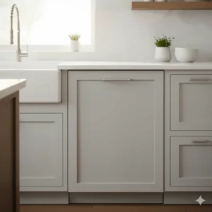 A sleek, fully integrated panel-ready dishwasher blending seamlessly into modern kitchen cabinetry, showing how the best panel ready dishwasher looks installed.