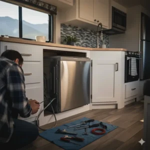 A compact, stainless steel RV dishwasher being installed beneath a counter in a modern recreational vehicle kitchen.