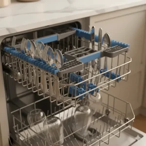 A detailed shot of the highly functional third rack for cutlery in one of the best panel ready dishwashers.