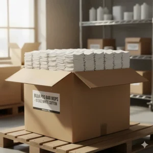 A large, bulk case of economically priced cotton bar mops, ideal for wholesale purchasing.