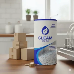 A large, economical box of dishwasher powder, emphasizing cost savings compared to pods or tablets.