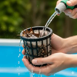 A close-up shot of a user cleaning the filter basket of an above-ground pool cleaner, emphasizing the importance of maintenance for optimal performance.