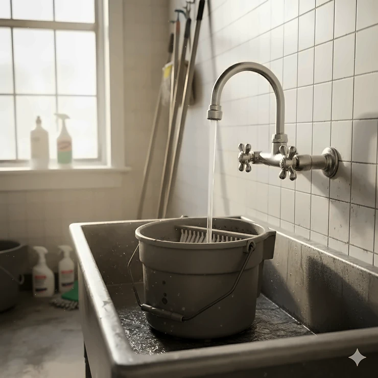 A durable, wall-mounted mop sink faucet with a double-handle design, gooseneck spout, and vacuum breaker, installed in a commercial janitor closet above a large utility sink.