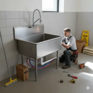 A commercial floor mop sink being professionally installed in a janitorial closet, showing plumbing connections.