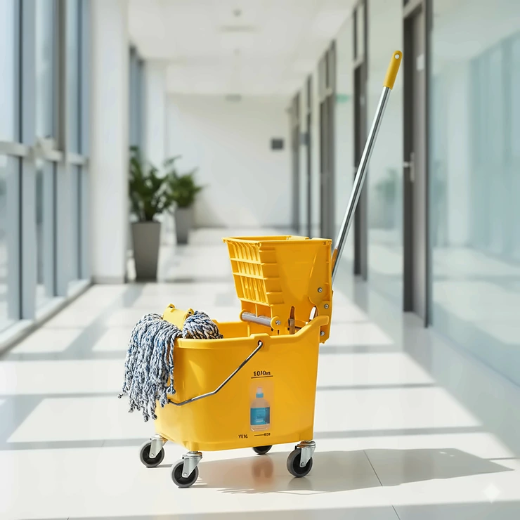 A durable commercial mop wringer bucket system with a metal handle, designed for efficient floor cleaning in large spaces.