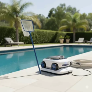A cordless pool cleaner stored neatly beside pool equipment, highlighting its compact size and minimal storage space requirements.