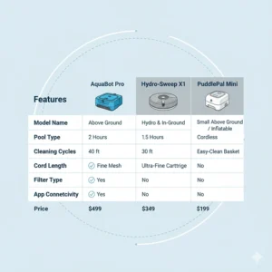 A comparison chart shows a detailed side-by-side view of three different models of robotic pool vacuums for above ground pools, comparing features like cord length, filter type, and cleaning cycles.