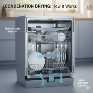 Cross-section graphic illustrating the condensation drying process in a best drying dishwasher, where moisture collects on cooler tub walls.