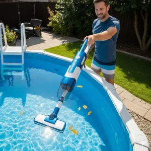 A user holding a battery-powered, cordless pool vacuum, highlighting the convenience of cleaning a small above-ground pool without hoses or cables.