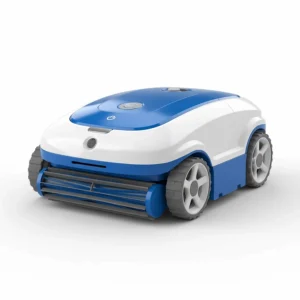 A close-up view of a sleek, compact battery-powered pool cleaner, highlighting its durable design and powerful suction intake.