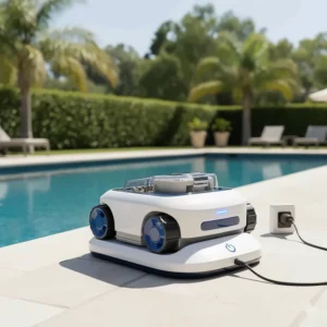 A cordless pool cleaner sitting on its charging dock, ready for its next use, emphasizing its quick and convenient charging process.