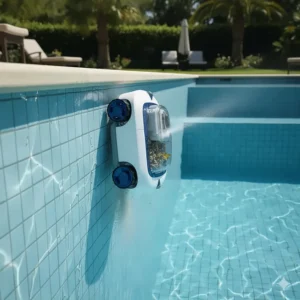 A cordless pool cleaner climbing a vertical wall of a pool, showcasing its ability to clean not just the floor but also the sides.