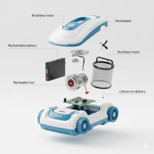 An exploded view diagram of a cordless pool cleaner, showing its key internal components like the motor, battery, and filter basket.