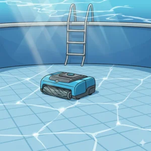 A small, battery-powered cordless robotic pool vacuum floats at the bottom of a large, round above ground pool, with no hoses or cords visible.