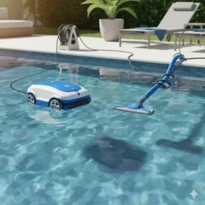 A side-by-side comparison illustrating the hassle-free mobility of a battery-powered pool cleaner next to a traditional corded model tangled in its cable.