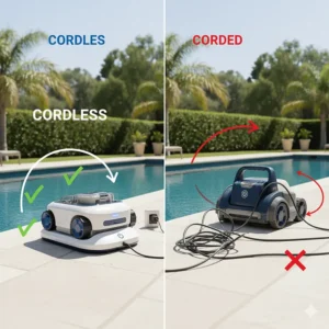 An infographic comparing a cordless pool cleaner with a traditional corded model, highlighting the freedom of movement and lack of tangled wires.