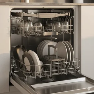 Interior view of a best panel ready dishwasher showing adjustable upper and lower racks and a third utensil rack.