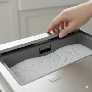 Detail shot of the dishwasher detergent dispenser filled with white dishwasher powder before a wash cycle.