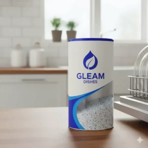 Close-up of the bright, easy-to-pour container for high-efficiency dishwasher powder.