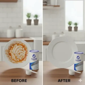 Side-by-side comparison of a greasy plate before and after using dishwasher powder to remove tough food stains.