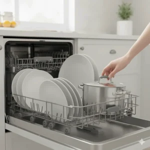 Illustration demonstrating how the dishwasher rack tines fold down to fit bulkier items.