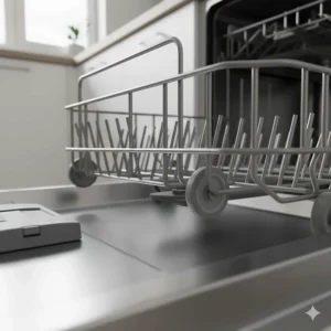 Image highlighting the smooth rolling mechanism and durable dishwasher rack wheels for easy movement.