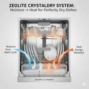 Diagram explaining how the best drying dishwasher uses Zeolite minerals to transform moisture into heat for ultimate dryness.