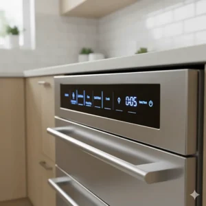 Digital control panel or touch-sensitive buttons for the double drawer dishwasher, highlighting cycle selection like Sanitize and Quick wash.