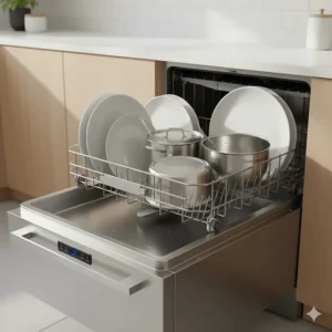 Top drawer of the double drawer dishwasher with a large dinner plate or tall pot, showcasing its flexible capacity for big items.