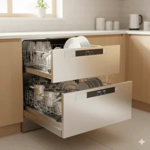Double drawer dishwasher showing both drawers open, illustrating the independent washing feature for different load sizes and cycles.