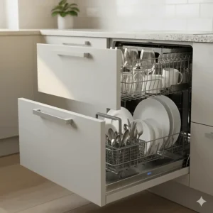 Close-up of a double drawer dishwasher with both separate washing compartments open, ready for loading.