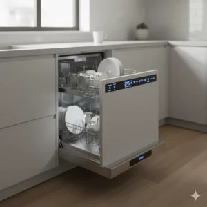 Digital control panel displaying wash cycle settings and timers on a contemporary drawer dishwasher unit.