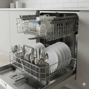 Detailed view of the flexible interior racks and adjustable tines inside a drawer dishwasher for varied dish sizes.