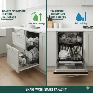 Visual comparison showing the flexible capacity options of a drawer dishwasher versus a traditional drop-down door model.